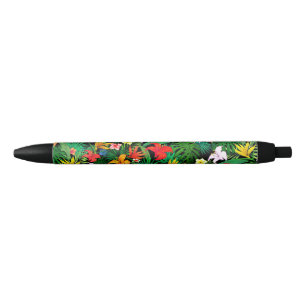 Caneta Preta Flores Multicoloridas & Folhas de Palmeira em Pret