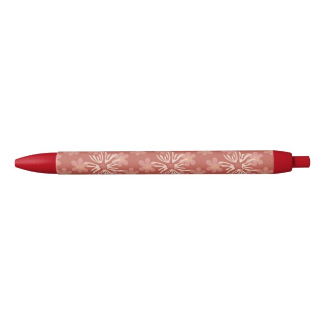 Caneta Preta Flores Retro Rosa Dusty - Padrão Botânico Suave (Frente)
