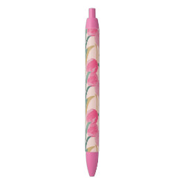 Caneta Preta Flores Rosa