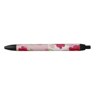 Caneta Preta Flores Rosa e Vermelha - Floral
