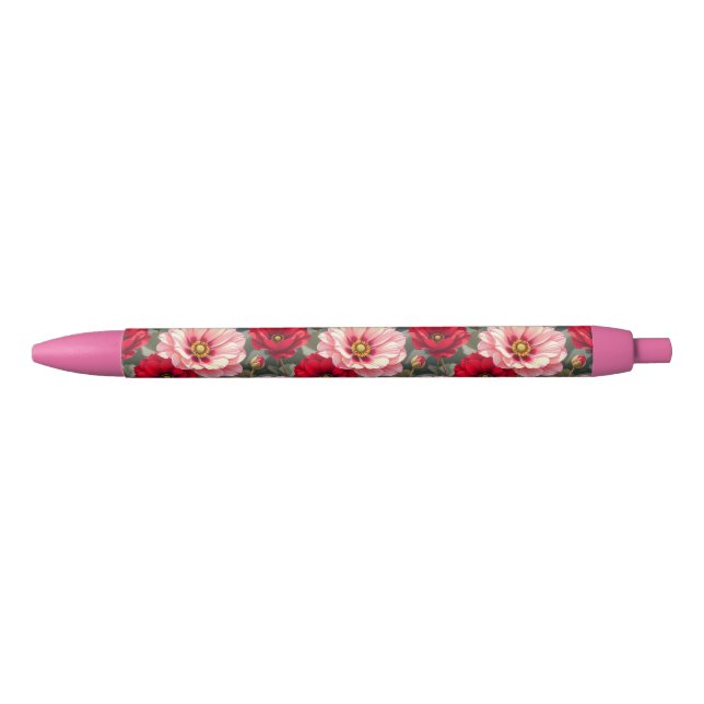Caneta Preta Flores rosa, vermelhas e malvas  (Frente)