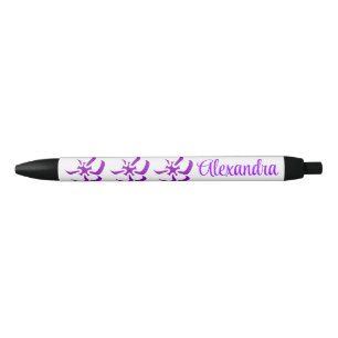 Caneta Preta Flores Roxas Abstratas Nome Personalizado
