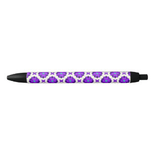 Caneta Preta Flores Roxas Vibrantes e Motivos de Folhas