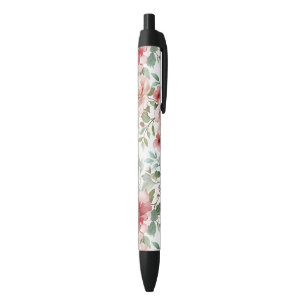 Caneta Preta Flores Vermelhas Rosadas