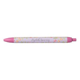 Caneta Preta Flores Vitorianas Antigas Rosas Rosadas Personaliz