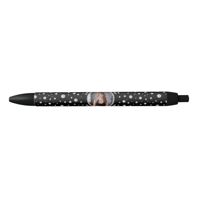 Caneta Preta Foto Personalizada com Círculo de Pérolas em Preto (Frente)