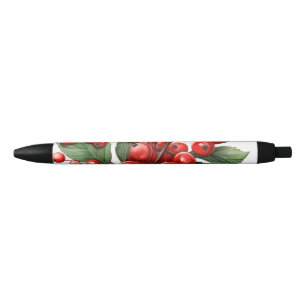 Caneta Preta Frutas Vermelhas Vibrantes com Folhas Verdes Luxur