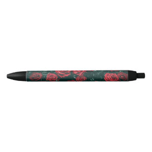 Caneta Preta Fundo com padrão floral de rosas vermelhas escuras