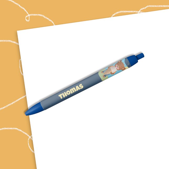 Caneta Preta Funny Brain Freeze Kid Pen with Name (Funny kid pen with name featuring a brown bear getting a brain freeze eating an ice cream too fast .)