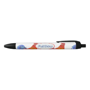 Caneta Preta Galo Vermelho Azul Nome Menino Aquarela