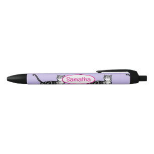 Caneta Preta Gato Tabby Roxo Nome Meninas Aquarela