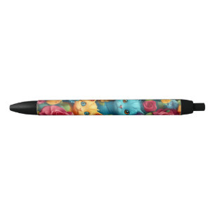 Caneta Preta Gatos coloridos e flores design bonitinhos