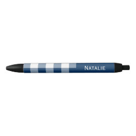 Caneta Preta Gingham Check Navy Blue Custom Name
