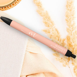 Caneta Preta Girassol Monograma Script Calliografia Coral Rosa