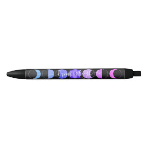 Caneta Preta Glam Black Moon Phases Pastel Purple Monograma Nom