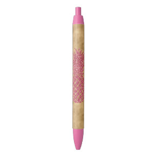 Caneta Preta Glam Dourado de abacaxi tropical com brilho rosado