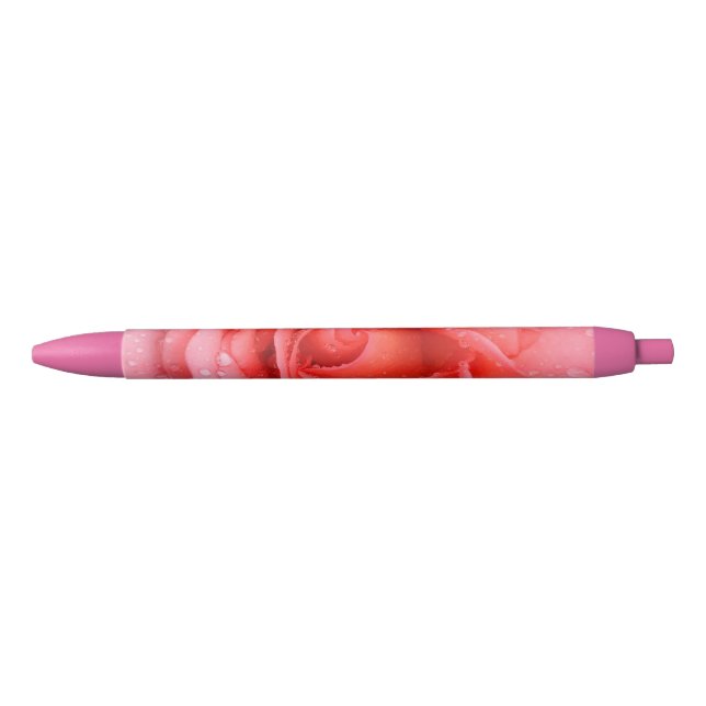 Caneta Preta Gotas de Água de Rosa Vermelha Romântica (Frente)