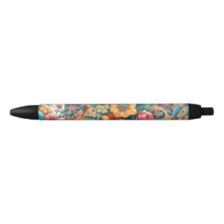 Caneta Preta Grande Buquê de Flores