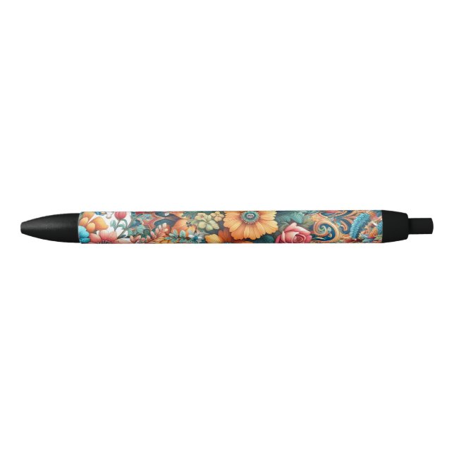 Caneta Preta Grande Buquê de Flores (Frente)