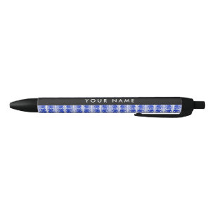 Caneta Preta Grego Fret Arabesque Azul, Seu Nome, Personalize
