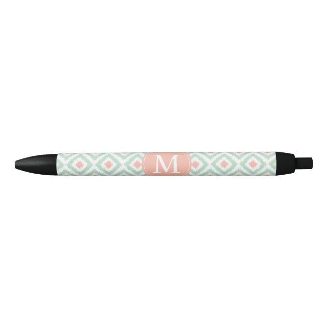 Caneta Preta Hortelã Monogrammed e teste padrão coral de Ikat (Frente)