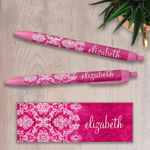 Caneta Preta Hot Pink Grunge Damask Pattern Custom Monogram