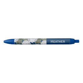Caneta Preta Hydrangea Flowers Navy Blue Custom Name