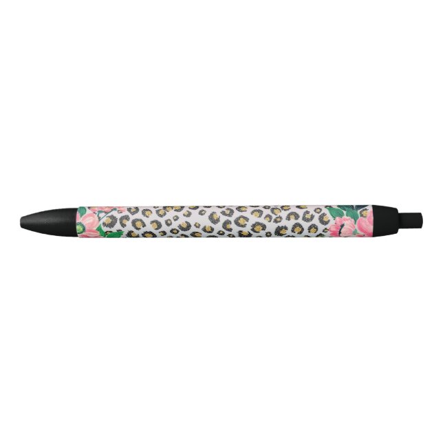 Caneta Preta Impressão de Leopard com Brilho Rosa Ombre (Frente)