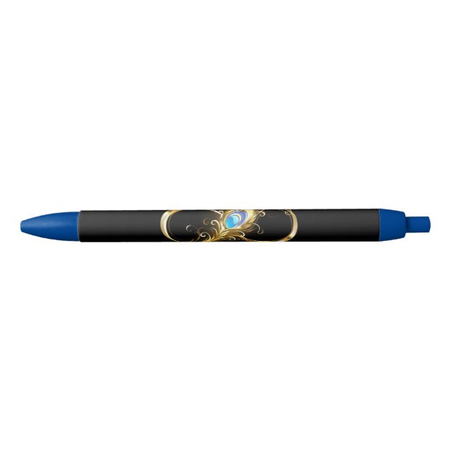 Caneta Preta Infinidade com a pena Pavão de Ouro (Frente)