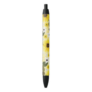 Caneta Preta Jardim Floral de Girassóis Amarelos Lindos