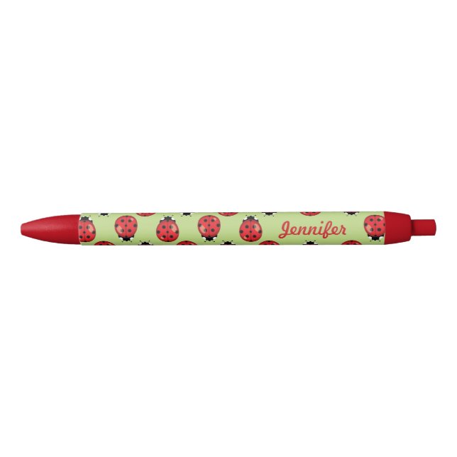 Caneta Preta Joaninhas Vermelhas com Nome Personalizado (Frente)