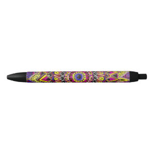 Caneta Preta Lápis de Cor Roxo Amarelo Desenho de Mandala Detal