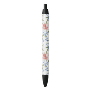 Caneta Preta Lindas Flores Azuis Vermelhas