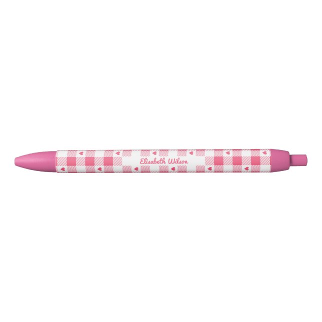 Caneta Preta Lindo Xadrez Rosa e Branco Gingham com Corações  (Frente)