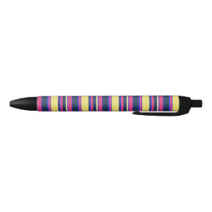 Caneta Preta Listras cor-de-rosa, amarelas e azuis
