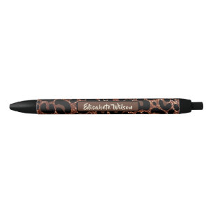 Caneta Preta Luxo Chic Nome Personalizado Brilho Dourado Leopar