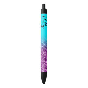 Caneta Preta Luxo em Glitter Ombre Aqua e Roxo Real