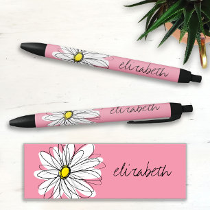 Caneta Preta Margarida Branca e Rosa com Texto Personalizado