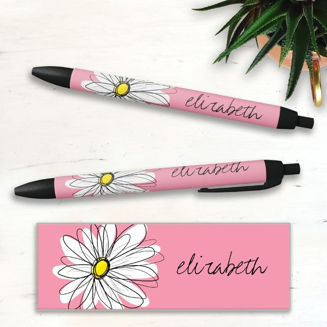 Caneta Preta Margarida Branca e Rosa com Texto Personalizado (Criador carregado)