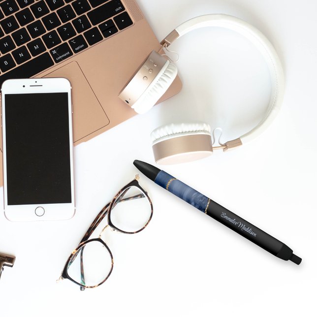 Caneta Preta Marinho Azul Agate Dourado mármore Monograma (Criador carregado)