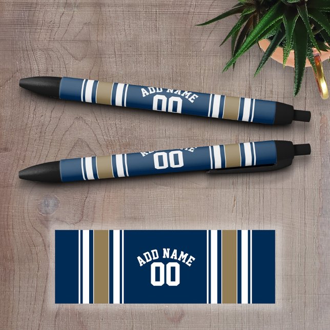 Caneta Preta Marinho de Futebol Jersey Blue Dourado Strips Núme (Personalized Writing Pens - add your name, monogram or other text)