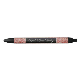 Caneta Preta Melhor Chefe Lady Rosa Dourada Faux Glitter