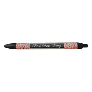 Caneta Preta Melhor Chefe Lady Rosa Dourada Faux Glitter