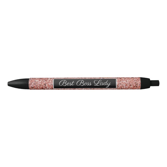 Caneta Preta Melhor Chefe Lady Rosa Dourada Faux Glitter (Frente)