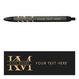 Caneta Preta Modern Monogram Initials Professional Black Gold