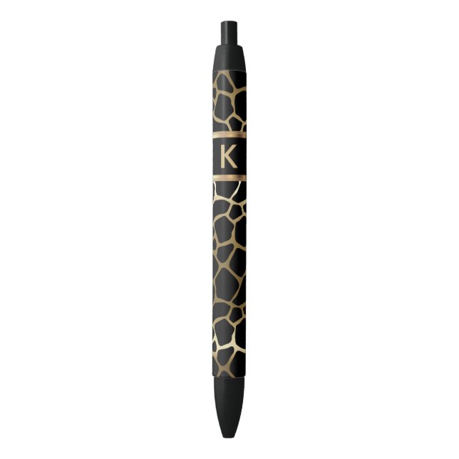 Caneta Preta Monogram Black and Gold Giraffe Pattern (Frente Vertical)