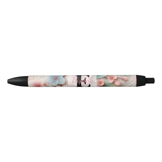 Caneta Preta Monogram lace floral pink pastel cherry blossom  (Frente)