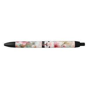 Caneta Preta Monograma de aquarela floral com flores de cerejei