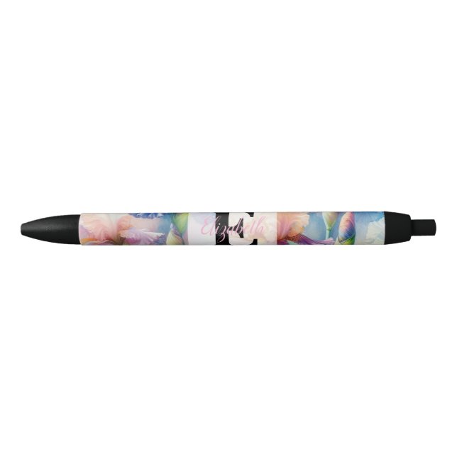 Caneta Preta Monograma de aquarela floral com flores de íris ro (Frente)