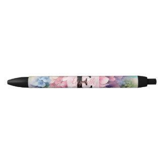 Caneta Preta Monograma de aquarela floral hortênsia rosa